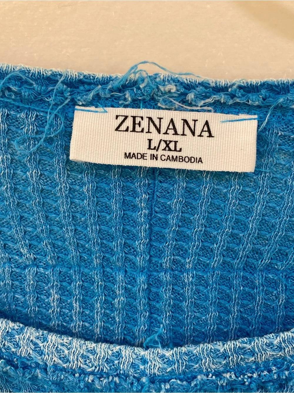 Zenana Mineral Washed Waffle Knit Thermal Top Sz XL Womens Blue Cotton Raw Edge